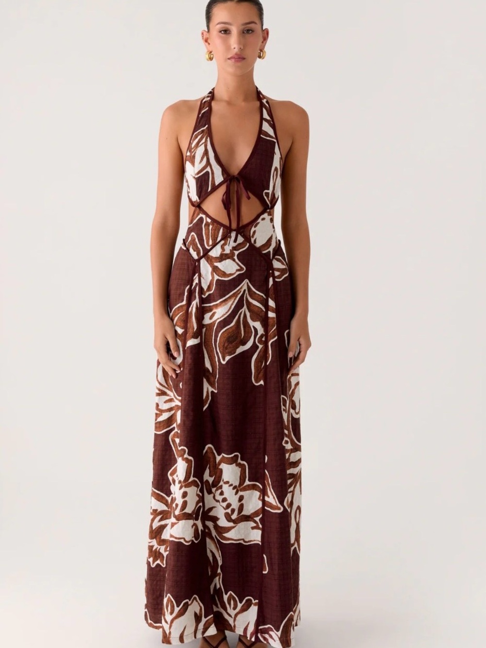 Peppermayo Brown Floral Halter Cutout Maxi Dress -US 2